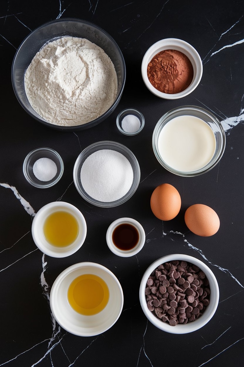 Overhead view of baking ingredients on a black marble countertop, including bowls of flour, cocoa powder, sugar, salt, eggs, vanilla extract, milk, vegetable oil, and chocolate chips arranged neatly in individual containers.