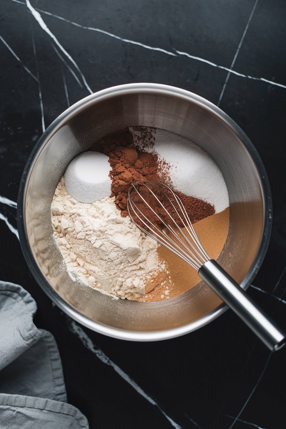 A mixing bowl containing dry ingredients for baking, including flour, cocoa powder, sugar, and cinnamon, with a metal whisk resting inside on a black marble surface.