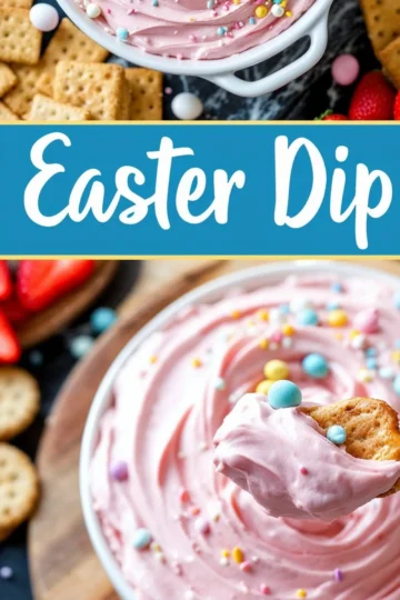 A close-up of a golden cracker dipped into the pink Easter dip, showing the creamy texture and pastel candy decorations. The background features a bowl of dip, crackers, and fresh strawberries. The text overlay reads “Easter Dip.”