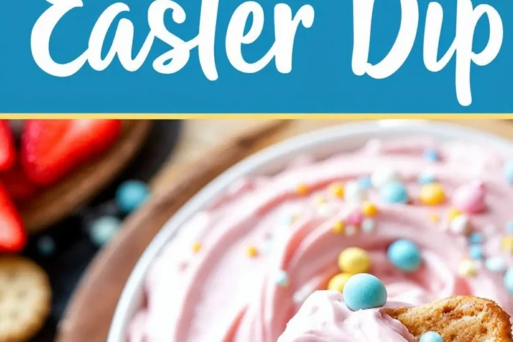 A close-up of a golden cracker dipped into the pink Easter dip, showing the creamy texture and pastel candy decorations. The background features a bowl of dip, crackers, and fresh strawberries. The text overlay reads “Easter Dip.”