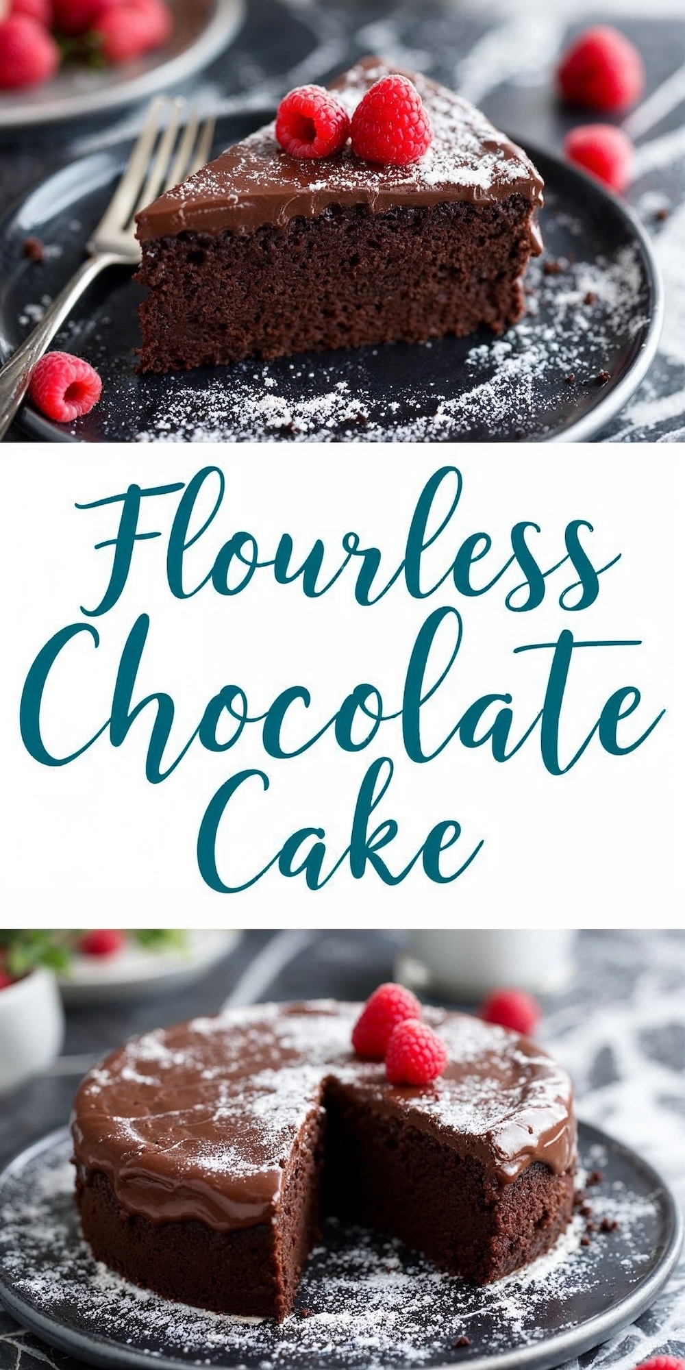 Collage featuring a close-up of a single slice of flourless chocolate cake topped with raspberries and powdered sugar, and a full cake with a slice removed, showcasing its moist interior and glossy chocolate coating.
