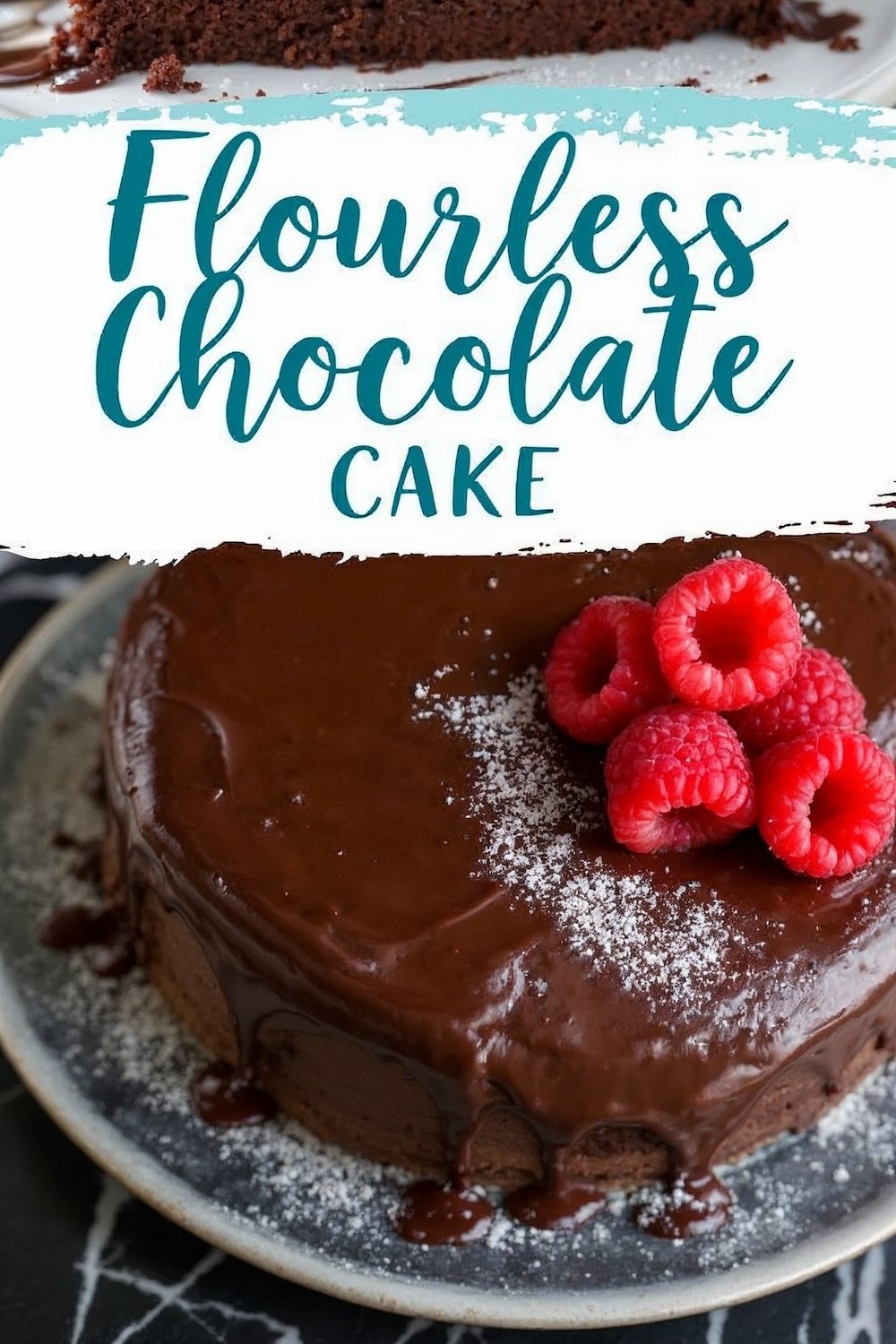 Flourless chocolate cake covered in a smooth chocolate ganache, decorated with powdered sugar and a cluster of fresh raspberries on top, displayed on a ceramic plate with a dark marble background.