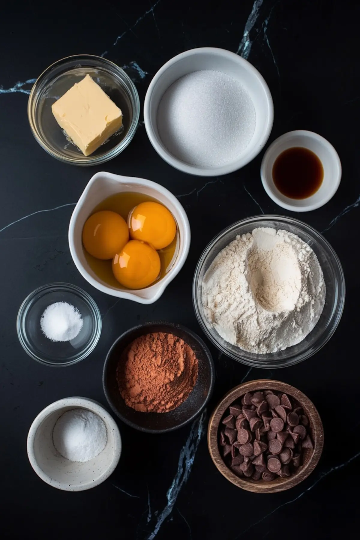 Flat lay of brownie ingredients arranged on a dark marble surface, including butter, sugar, eggs, vanilla extract, flour, cocoa powder, baking powder, salt, and chocolate chips in small bowls.