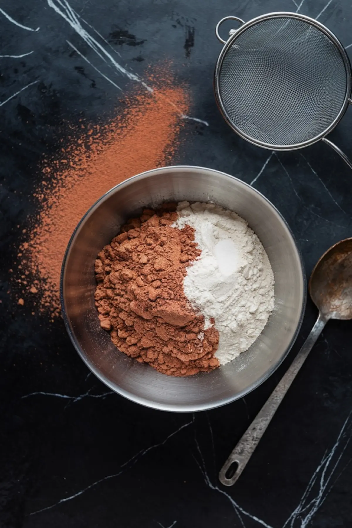 Mixing bowl with cocoa powder and flour combined, placed on a black marble surface with a sifter and a wooden spoon, showing the preparation process for brownie batter.