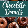 Collage featuring close-up views of glossy chocolate-glazed donuts on a dark marble background, paired with an arrangement of assorted chocolate donuts on a cooling rack. Some donuts are topped with sprinkles, shredded coconut, and chocolate drizzle, highlighting their rich texture and variety.