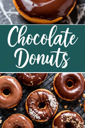 Collage featuring close-up views of glossy chocolate-glazed donuts on a dark marble background, paired with an arrangement of assorted chocolate donuts on a cooling rack. Some donuts are topped with sprinkles, shredded coconut, and chocolate drizzle, highlighting their rich texture and variety.