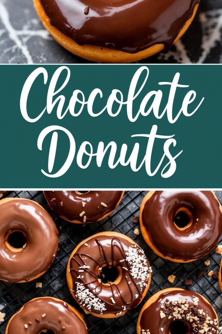 Collage featuring close-up views of glossy chocolate-glazed donuts on a dark marble background, paired with an arrangement of assorted chocolate donuts on a cooling rack. Some donuts are topped with sprinkles, shredded coconut, and chocolate drizzle, highlighting their rich texture and variety.