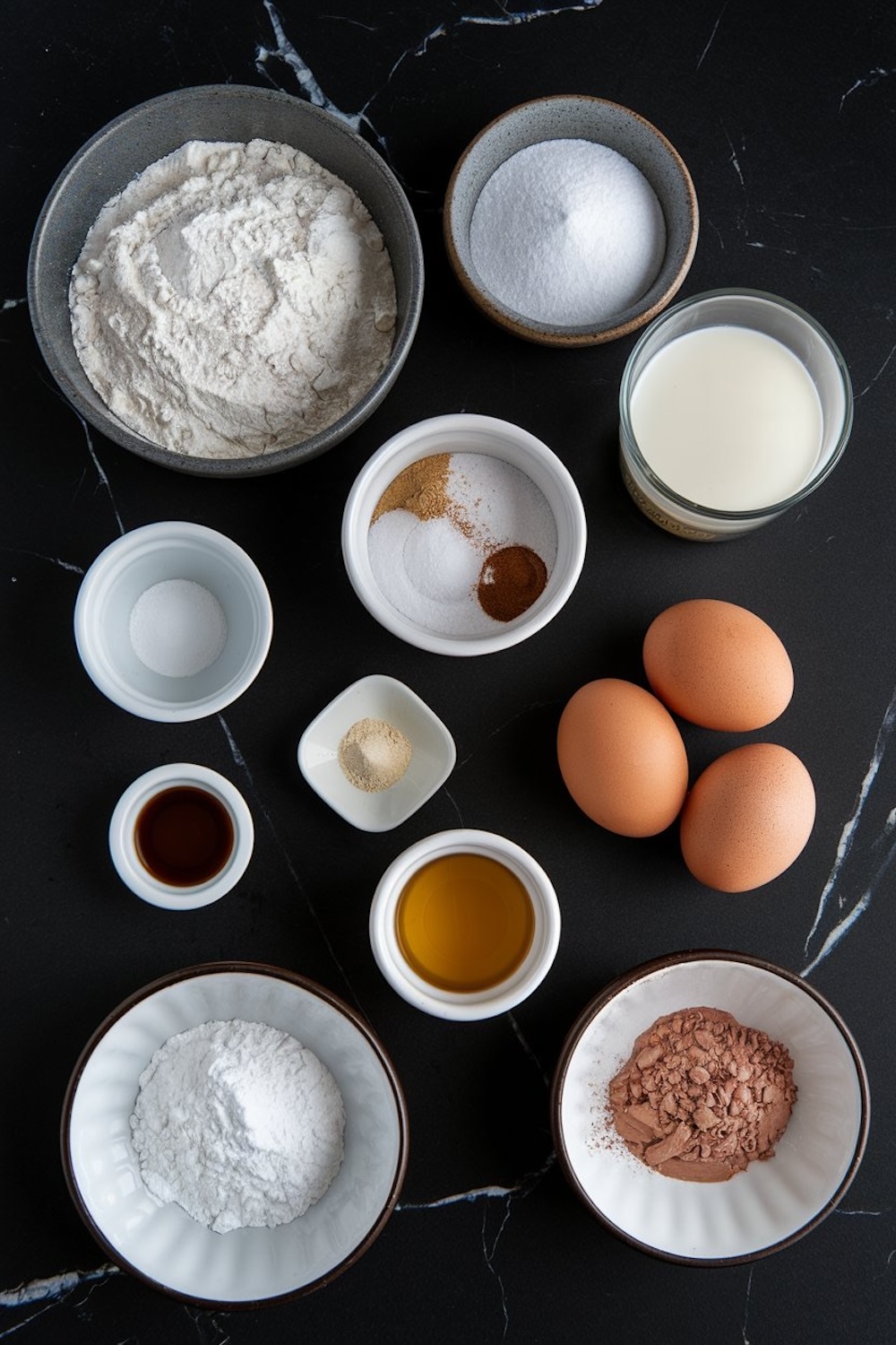 A flat lay of baking ingredients displayed on a sleek black marble countertop, showcasing bowls of flour, granulated sugar, cocoa powder, powdered sugar, and various spices like cinnamon and ginger. Additional components include fresh brown eggs, a glass of milk, vanilla extract, oil, and leavening agents such as baking powder and baking soda.