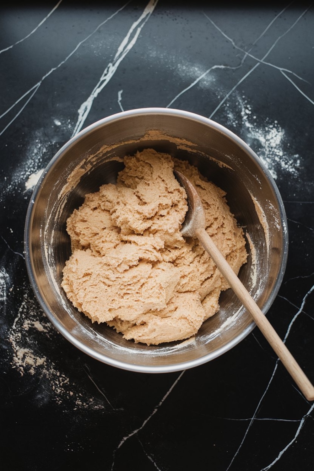 A large metal mixing bowl filled with thick, golden-brown donut batter sits on a black marble countertop, surrounded by scattered flour for a rustic kitchen vibe. A wooden spoon rests inside the bowl, showcasing the creamy, homemade texture of the batter as part of the preparation for delicious donuts.