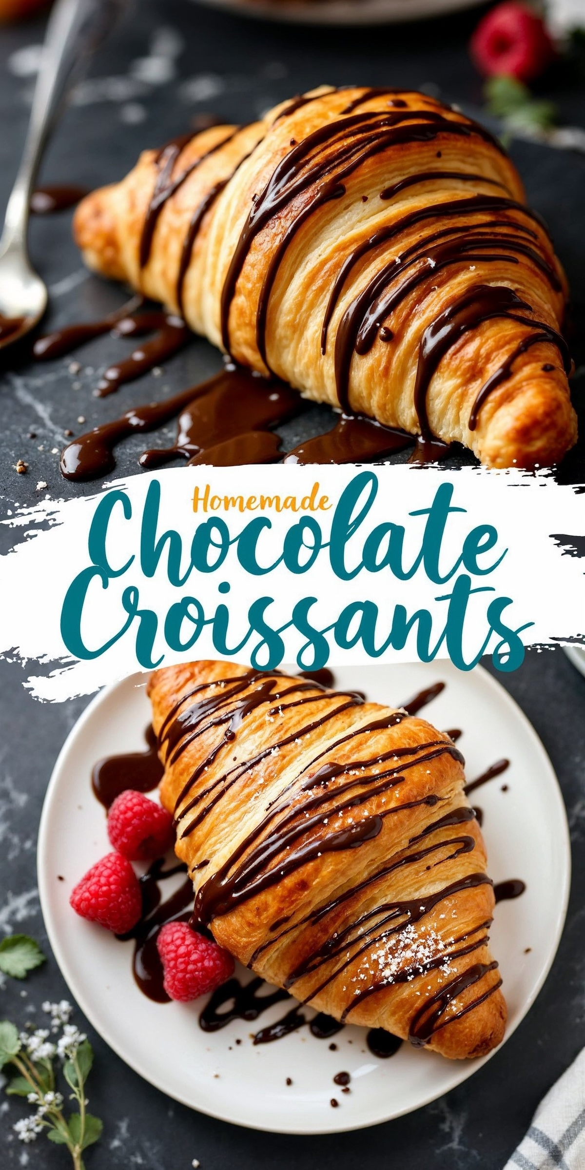 Collage image showcasing chocolate croissants drizzled with chocolate sauce. The top displays a croissant with raspberries on a plate, and the bottom highlights an individual croissant on parchment with text reading “Homemade Chocolate Croissants.”