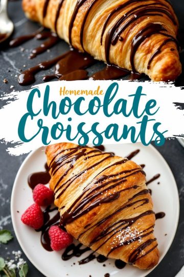 A single chocolate croissant on a white plate, drizzled with melted chocolate and garnished with fresh raspberries. A bold text overlay reads “Homemade Chocolate Croissants” on a white background.