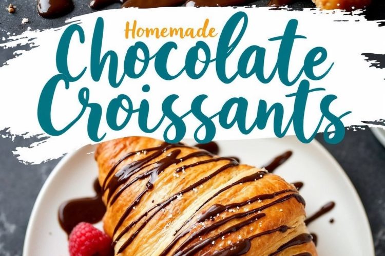 A single chocolate croissant on a white plate, drizzled with melted chocolate and garnished with fresh raspberries. A bold text overlay reads “Homemade Chocolate Croissants” on a white background.
