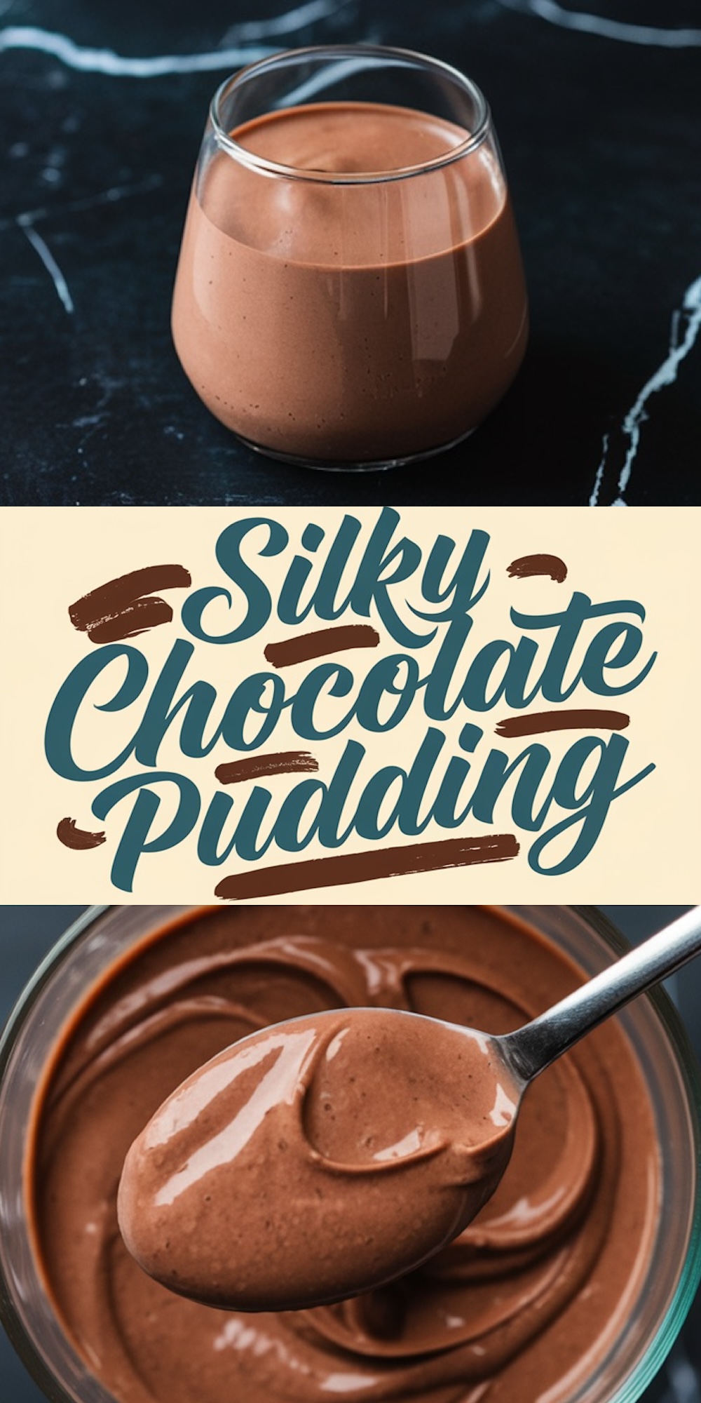 Collage featuring a ramekin of chocolate pudding topped with cocoa powder and a chocolate shard, paired with a close-up of a spoonful of the pudding highlighting its glossy finish.