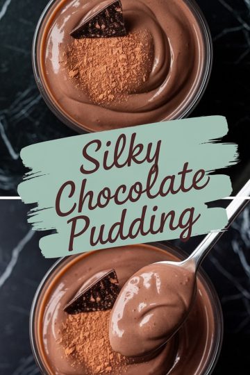 A close-up of chocolate pudding in a bowl, topped with a sprinkle of cocoa powder and a piece of dark chocolate, with a spoon scooping the creamy dessert to showcase its glossy finish.