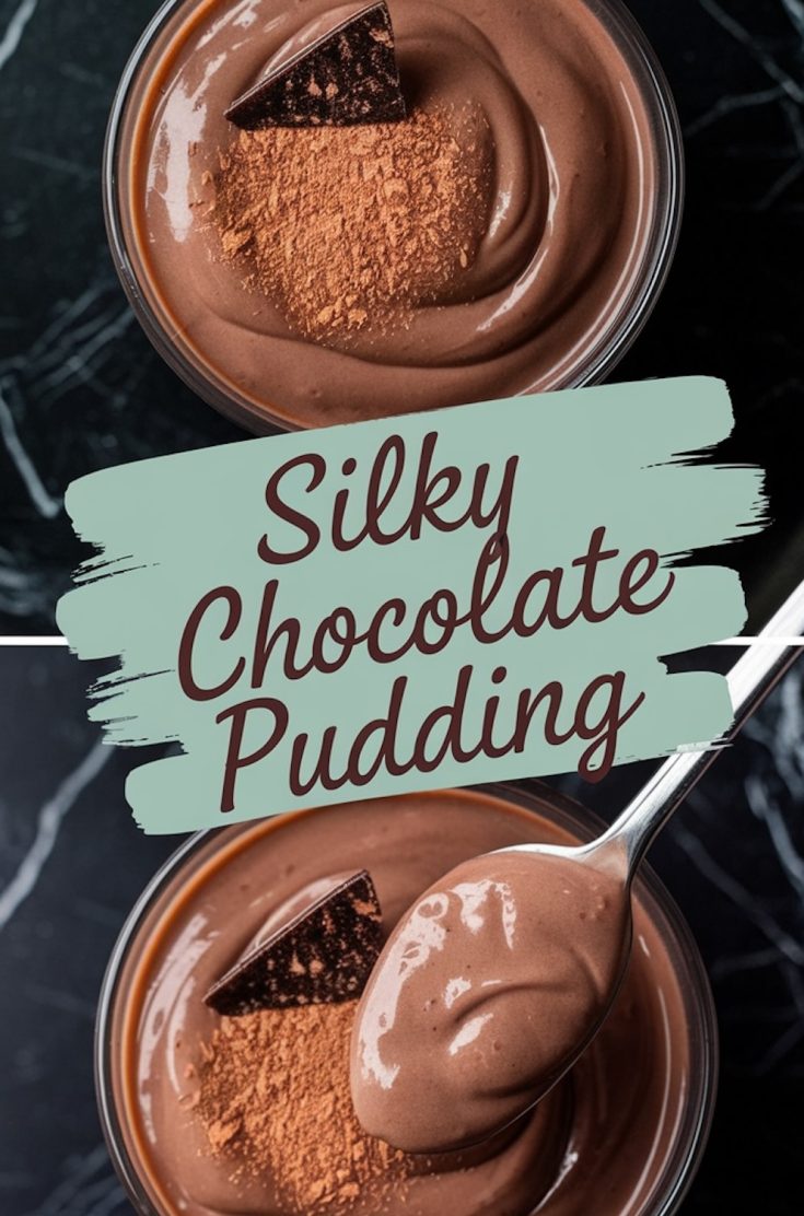 A close-up of chocolate pudding in a bowl, topped with a sprinkle of cocoa powder and a piece of dark chocolate, with a spoon scooping the creamy dessert to showcase its glossy finish.
