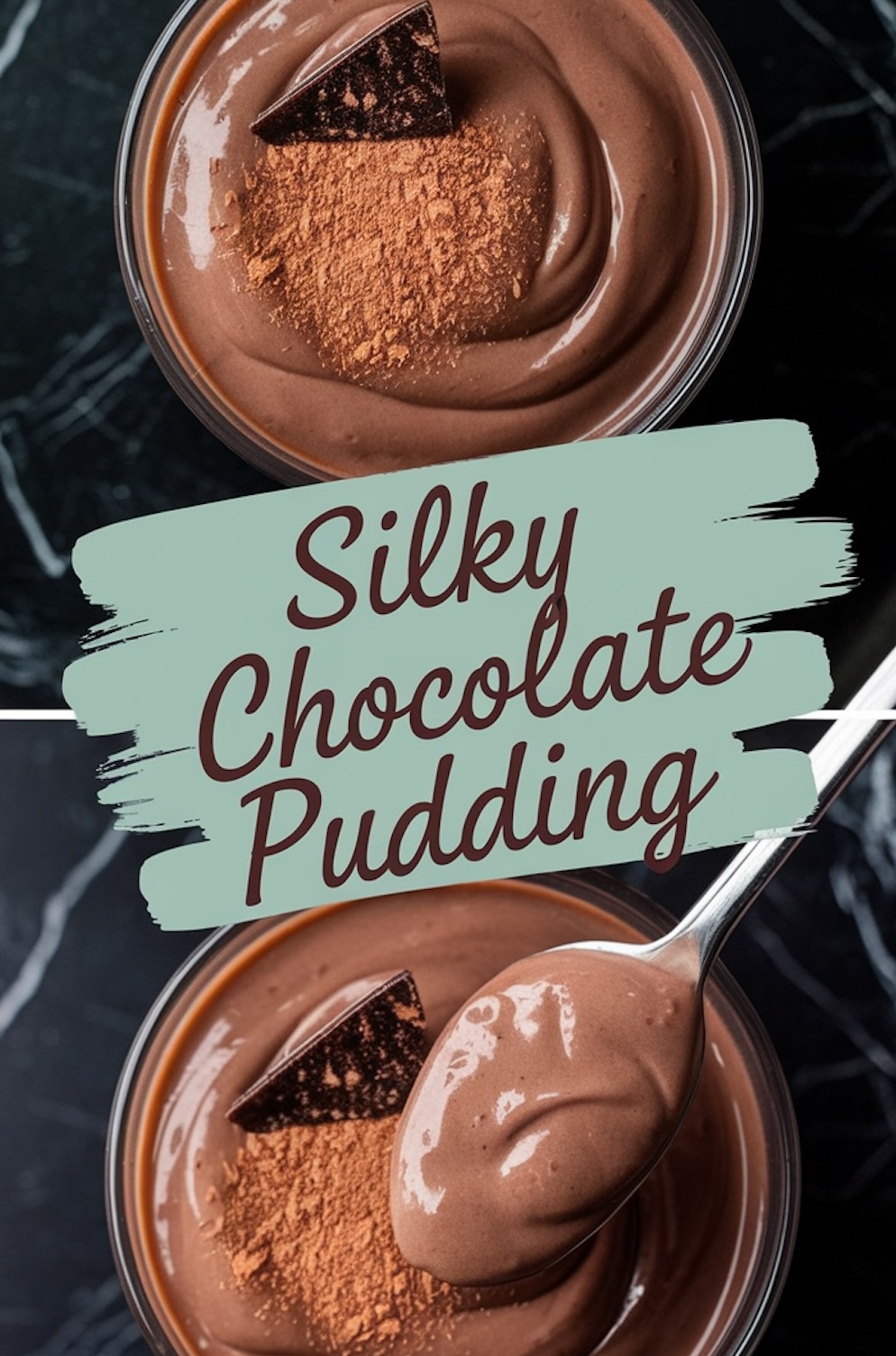 A close-up of chocolate pudding in a bowl, topped with a sprinkle of cocoa powder and a piece of dark chocolate, with a spoon scooping the creamy dessert to showcase its glossy finish.