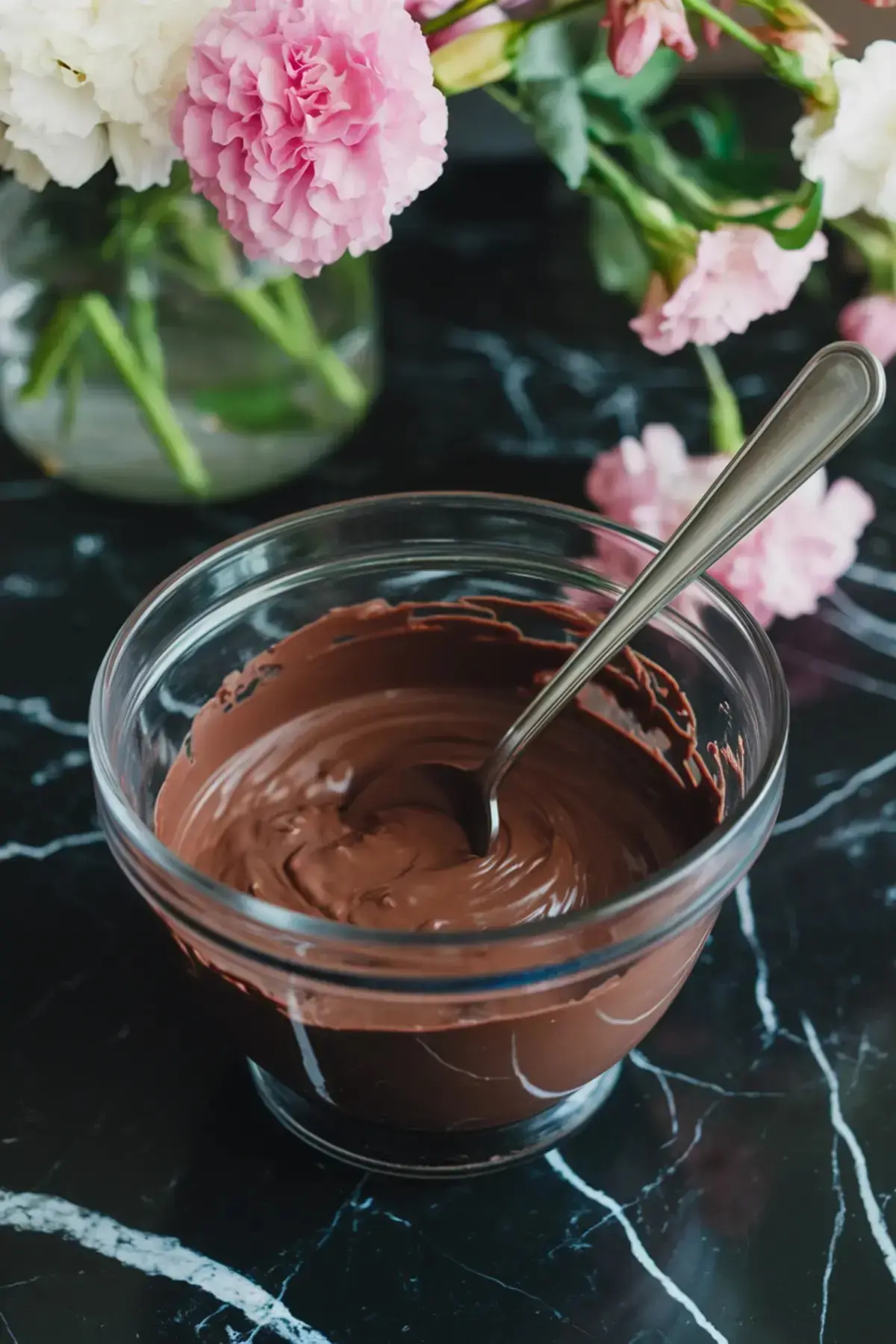 A glass bowl filled with melted dark chocolate, with a spoon dipped into the smooth mixture. A vase with pink and white flowers is in the background, adding a decorative touch.