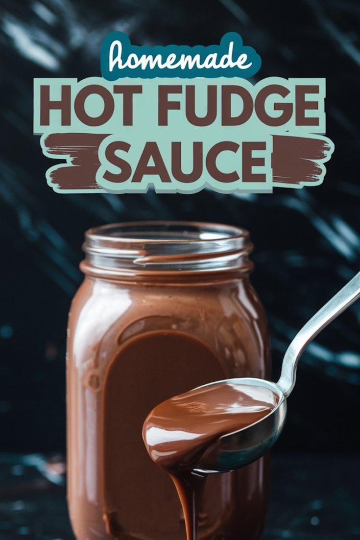 A glass jar filled with creamy homemade hot fudge sauce, with a silver spoon drizzling the rich chocolate sauce. The text overlay reads, “Homemade Hot Fudge Sauce,” on a dark marble background.