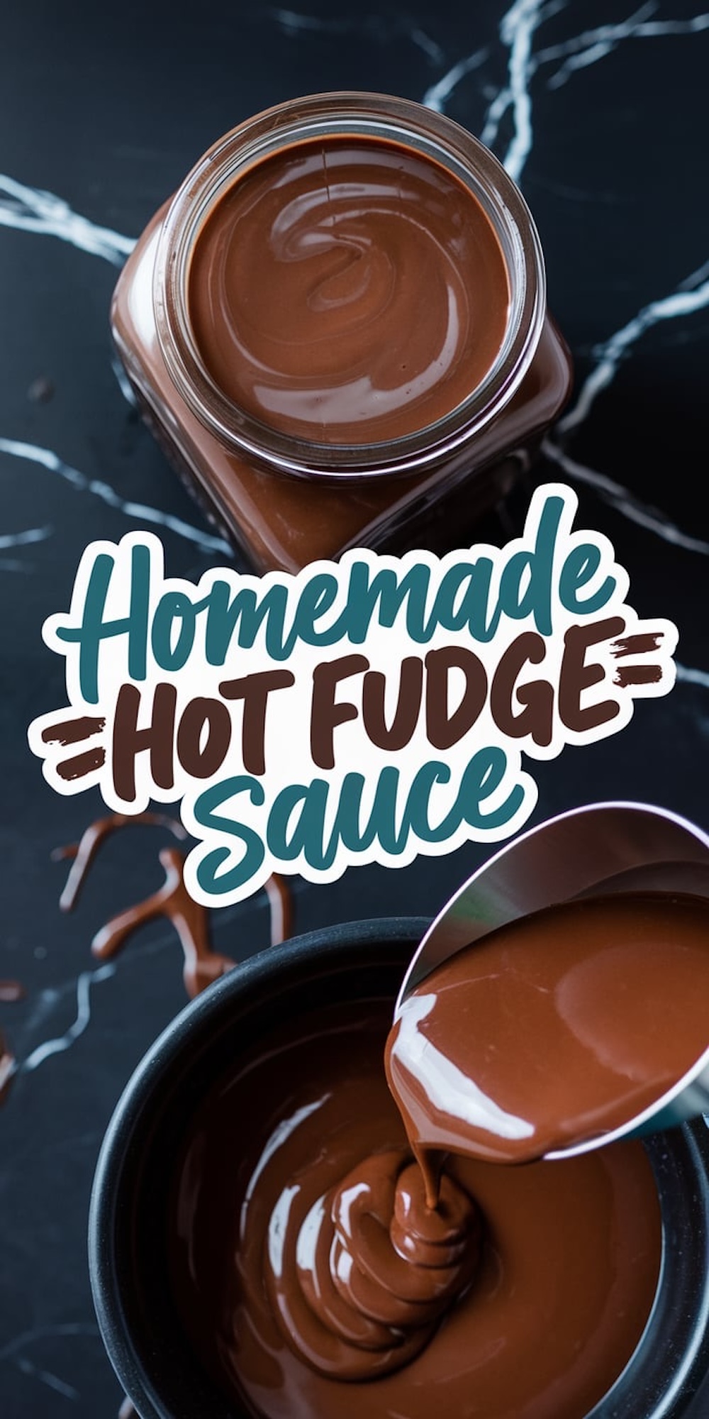 A collage showcasing homemade hot fudge sauce with a top-down view of the jar’s glossy surface and a bowl of warm, thick chocolate being poured from a ladle.