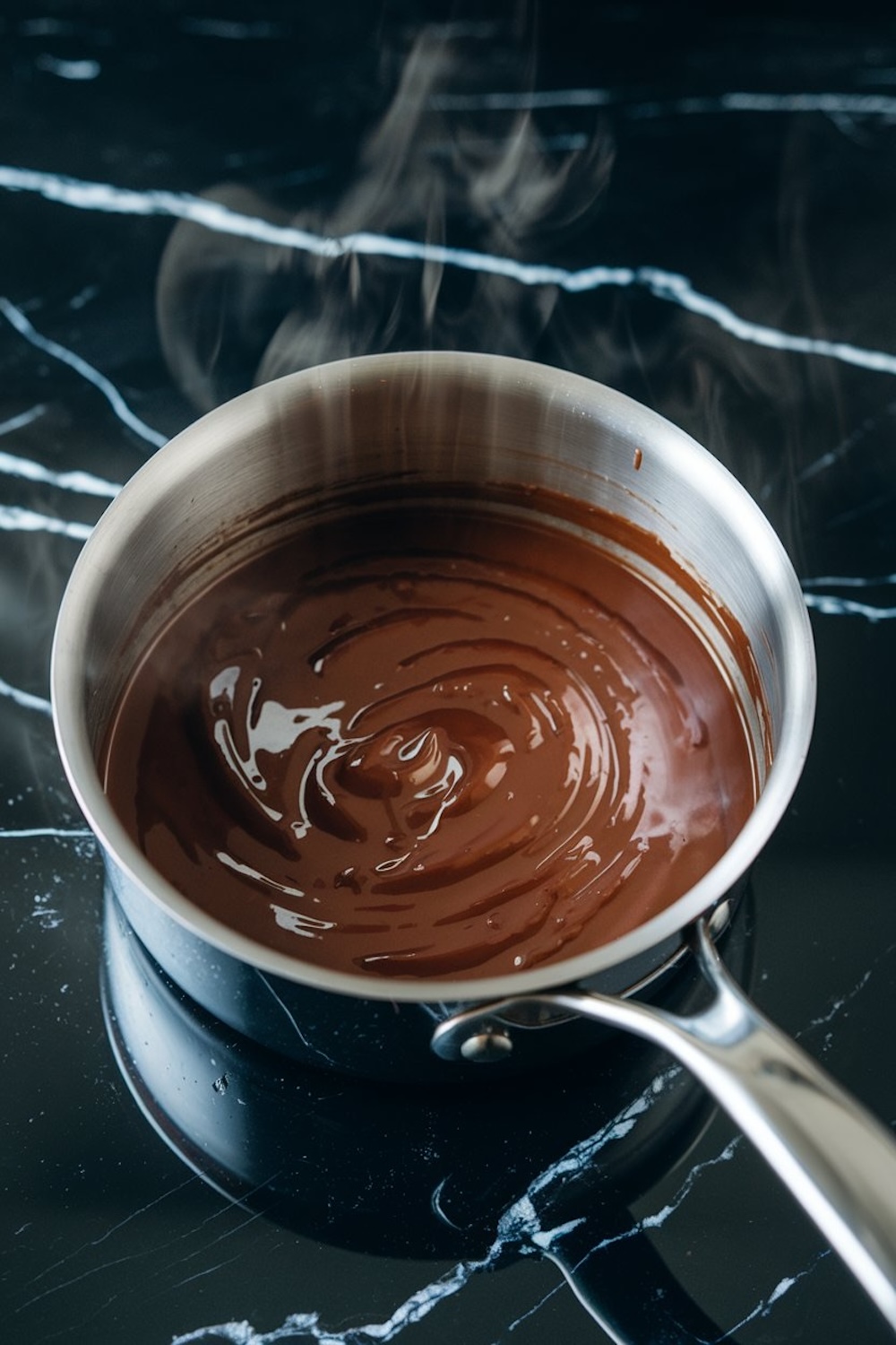 A saucepan of freshly melted hot fudge sauce steaming on a stovetop, captured with a rich chocolate texture on a black marble surface.