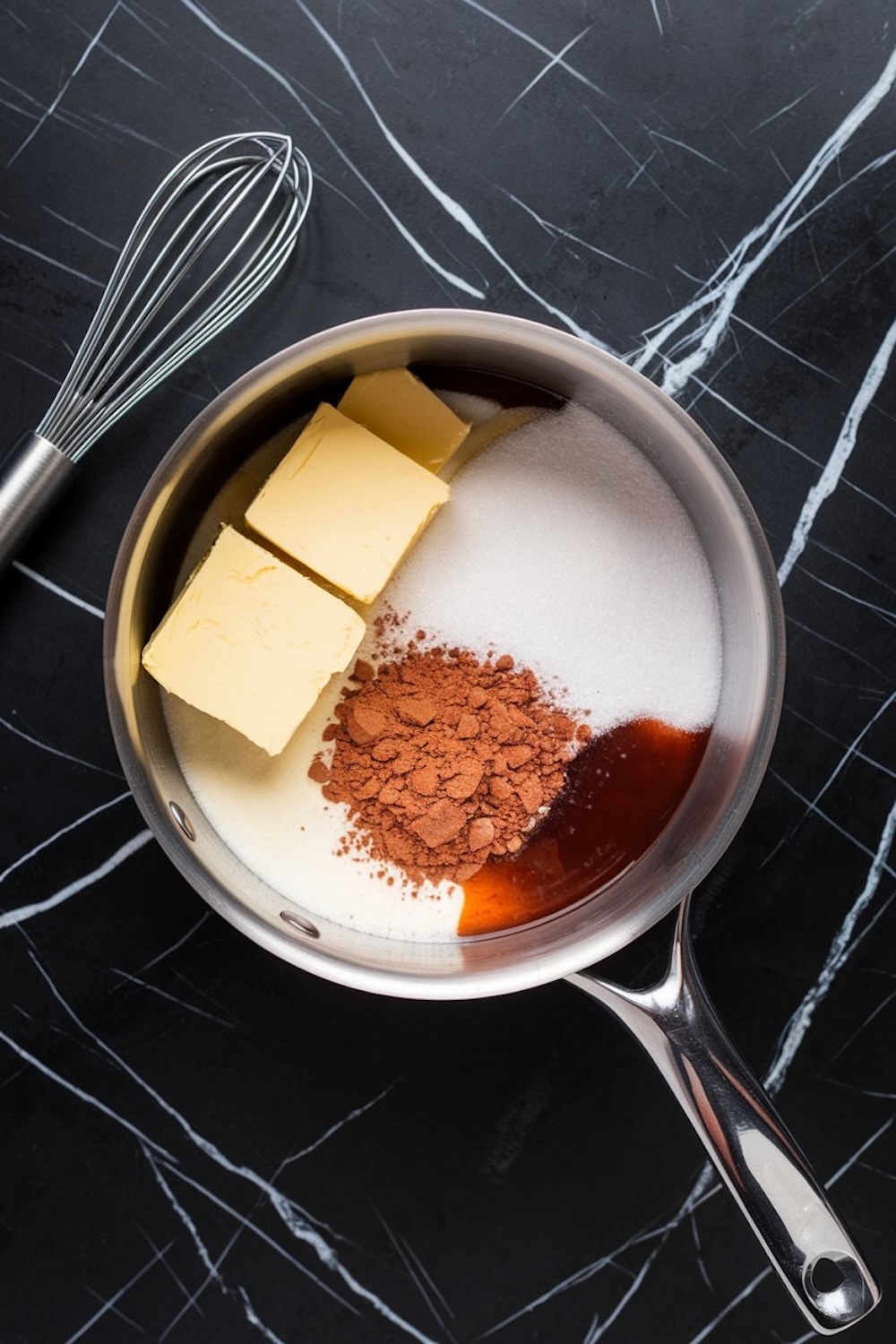 A saucepan containing the ingredients for hot fudge sauce: butter, cocoa powder, sugar, and vanilla, displayed on a black marble surface with a whisk placed beside it.