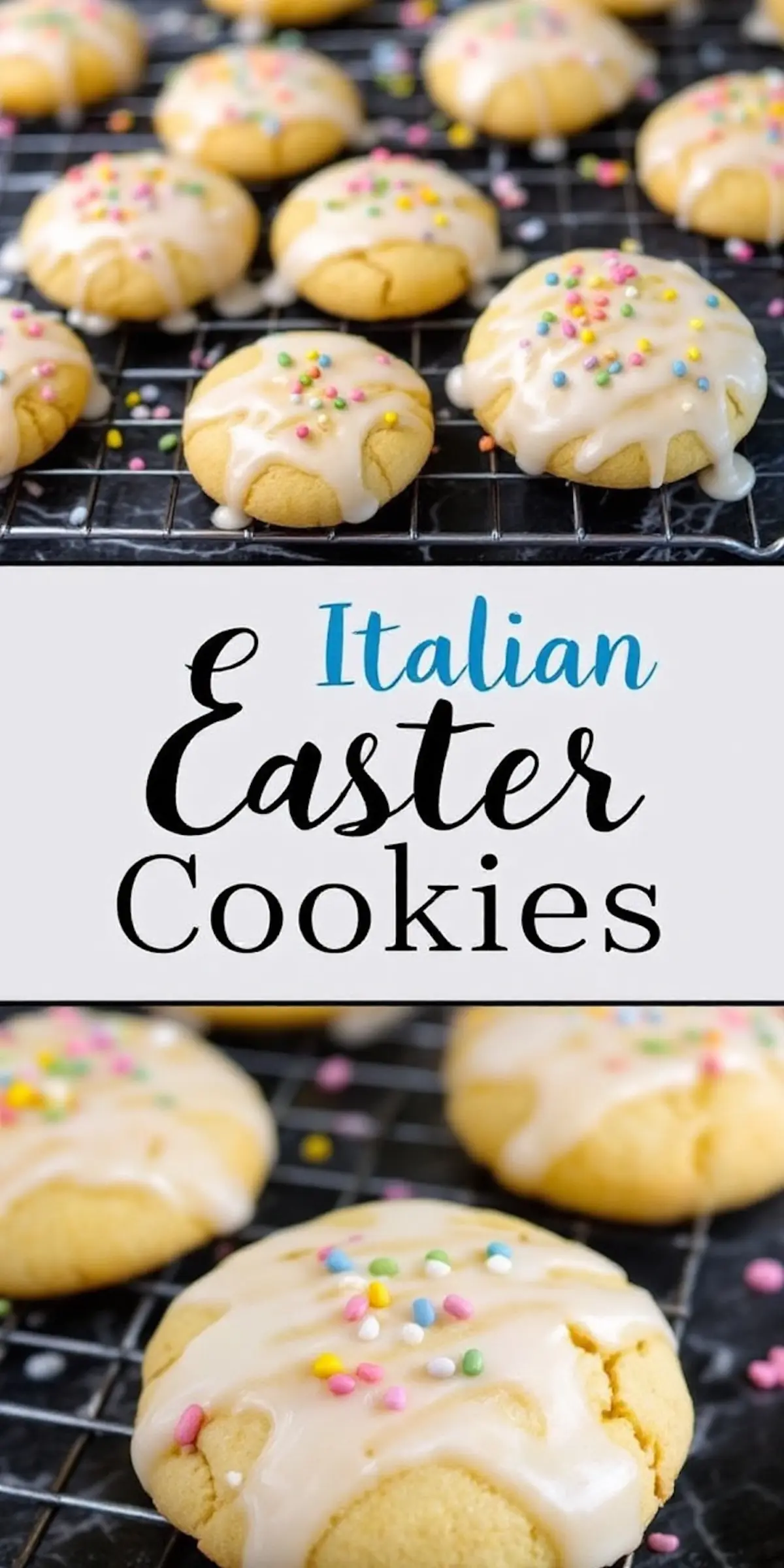 A collage of Italian Easter cookies on a cooling rack, featuring soft, round cookies with white icing and colorful sprinkles. The center displays a white banner with “Italian Easter Cookies” in black and blue lettering.