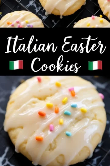 A collage of Italian Easter cookies, focusing on a single iced cookie with rainbow sprinkles. The center text reads “Italian Easter Cookies” on a black background, flanked by two Italian flag emojis.