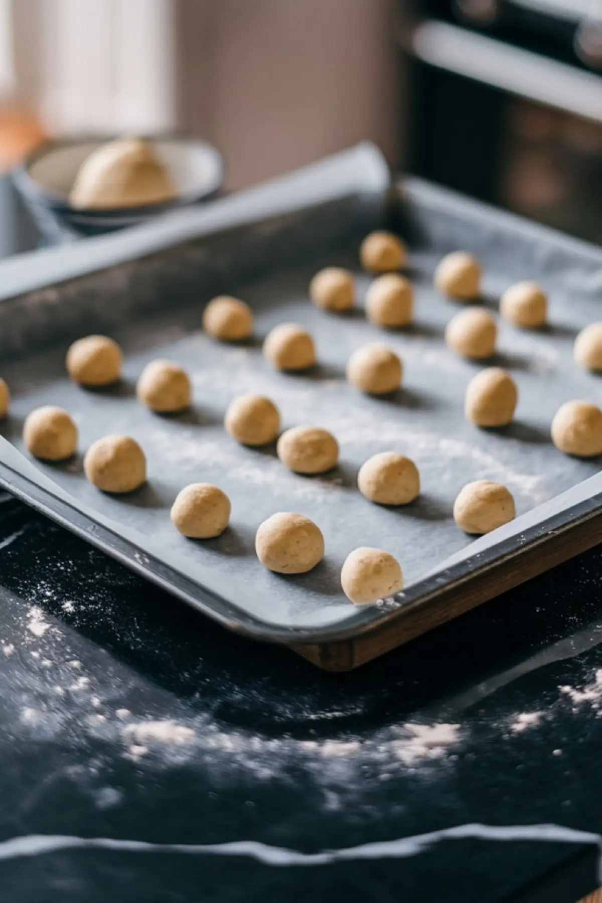 A baking sheet lined with parchment paper, holding evenly spaced dough balls ready for baking. The surface is lightly dusted with flour, and a bowl of extra dough sits in the background.