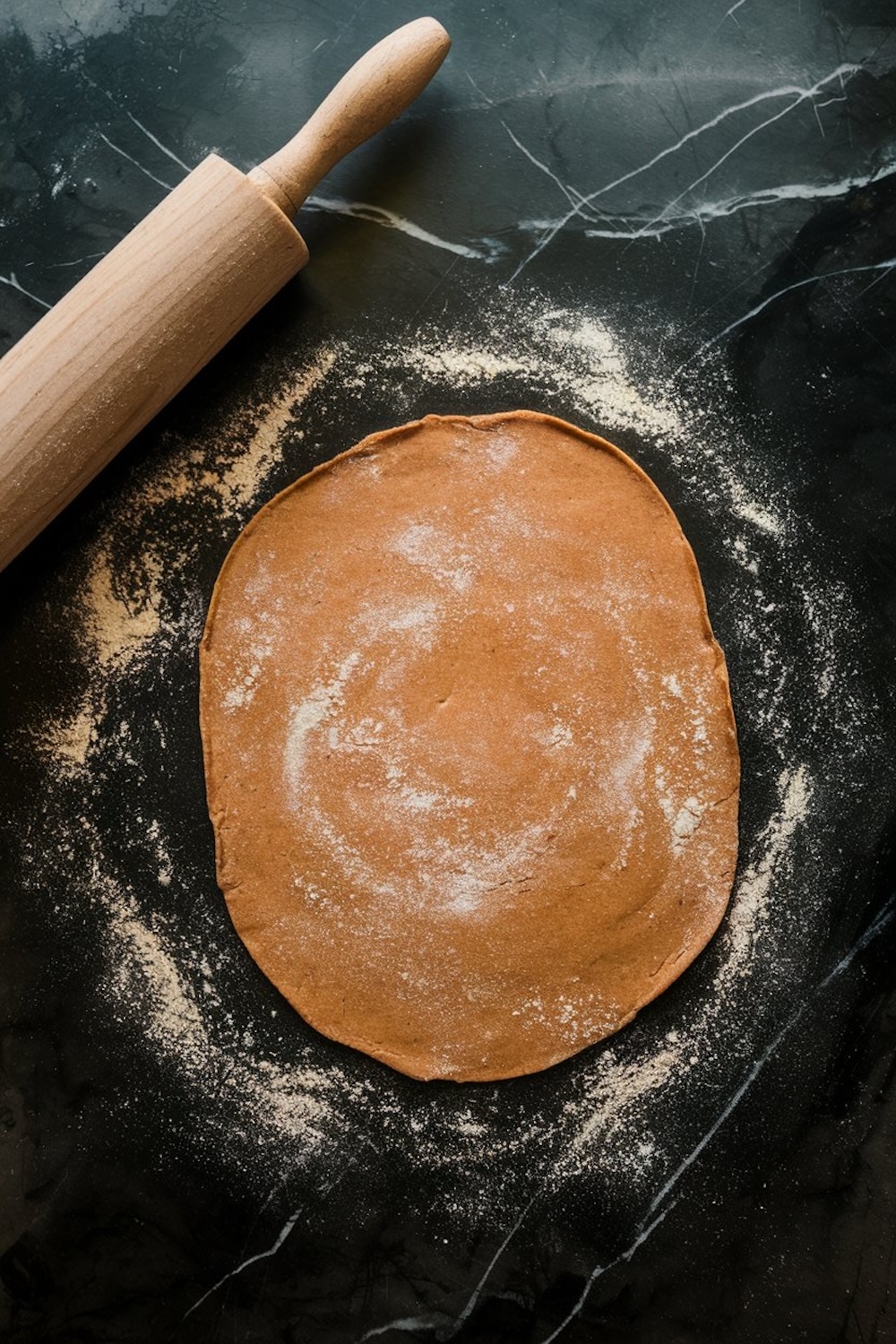A rolled-out gingerbread dough on a floured black surface, ready for shaping. A wooden rolling pin rests nearby, dusted with flour.