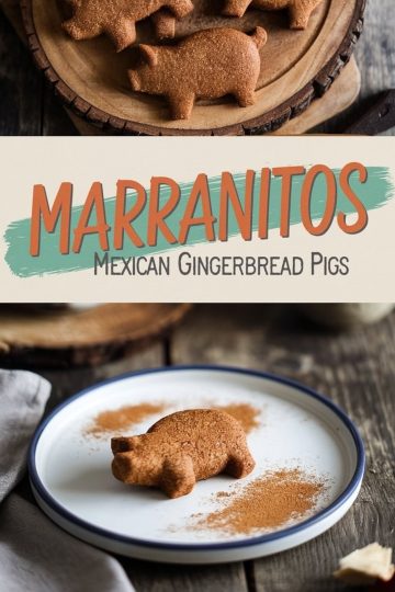 A collage showing Marranitos, Mexican pig-shaped gingerbread cookies, served on a rustic wooden board and a white plate with cinnamon dusting for a warm presentation.