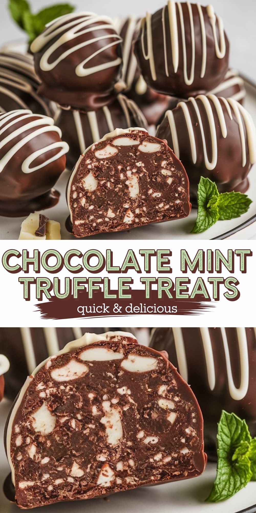 A collage featuring close-ups of chocolate mint truffle balls. The top section focuses on a sliced truffle with visible chocolate and mint bits. The bottom portion includes text: “Chocolate Mint Truffle Treats – Quick & Delicious,” showcasing both aesthetics and the treat’s texture.