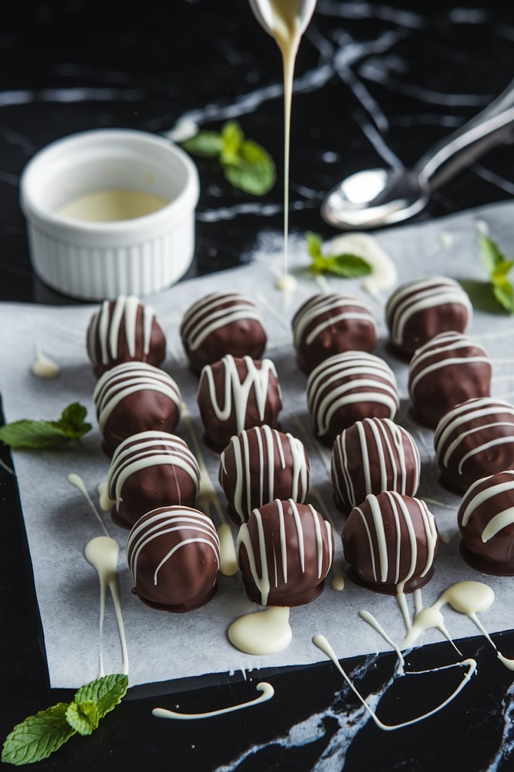 Chocolate mint truffles neatly arranged on parchment paper, drizzled with white chocolate. A spoon and a small bowl of melted white chocolate sit nearby, while fresh mint leaves accentuate the presentation.