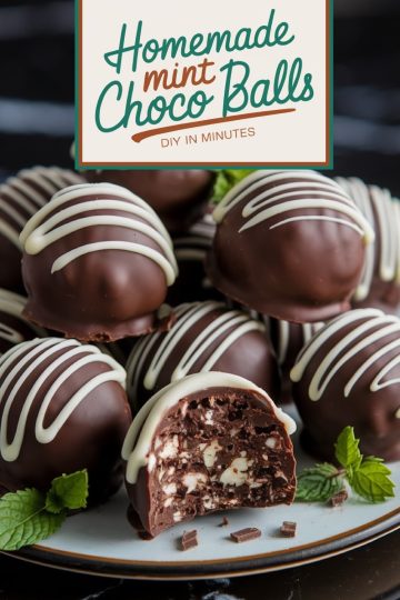 A plate of chocolate mint truffles stacked elegantly with white chocolate drizzle and fresh mint leaves. A sliced truffle in the foreground reveals the textured mint chocolate filling, with the text overlay: “Homemade Mint Choco Balls – DIY in Minutes.”