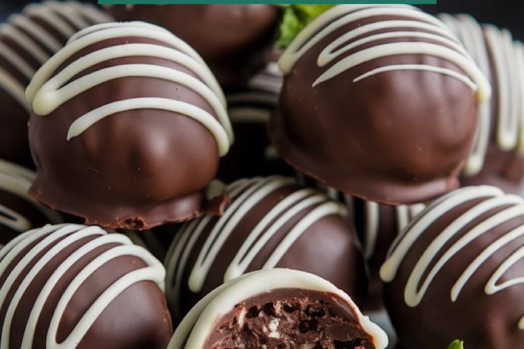 A plate of chocolate mint truffles stacked elegantly with white chocolate drizzle and fresh mint leaves. A sliced truffle in the foreground reveals the textured mint chocolate filling, with the text overlay: “Homemade Mint Choco Balls – DIY in Minutes.”