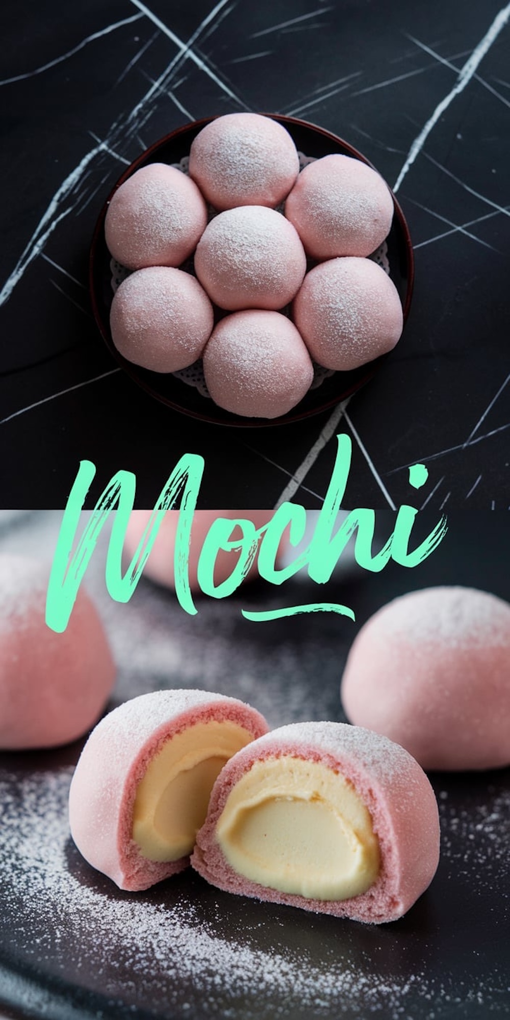A plate of pink mochi dusted with powdered sugar on a dark marble background. Below, a close-up of halved mochi reveals creamy ice cream filling. The word “Mochi” appears in bold mint-green lettering.