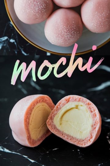 A bowl of soft, pastel-pink mochi dusted with powdered sugar is shown above a close-up of halved mochi revealing a creamy ice cream filling. The vibrant text “Mochi” in gradient lettering appears prominently.