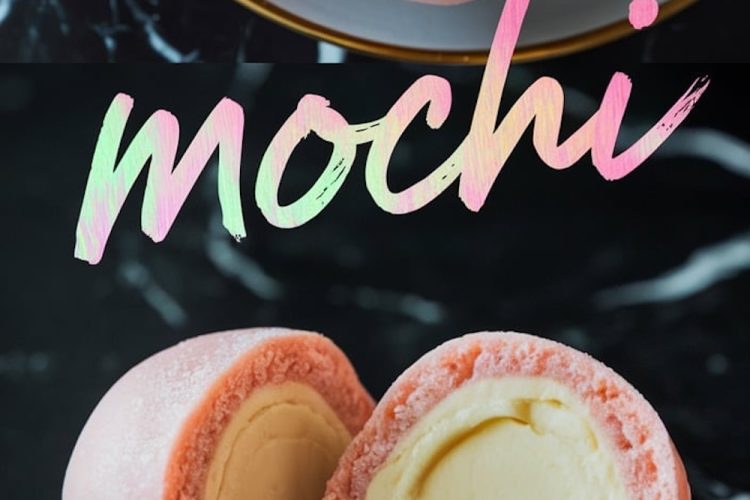 A bowl of soft, pastel-pink mochi dusted with powdered sugar is shown above a close-up of halved mochi revealing a creamy ice cream filling. The vibrant text “Mochi” in gradient lettering appears prominently.
