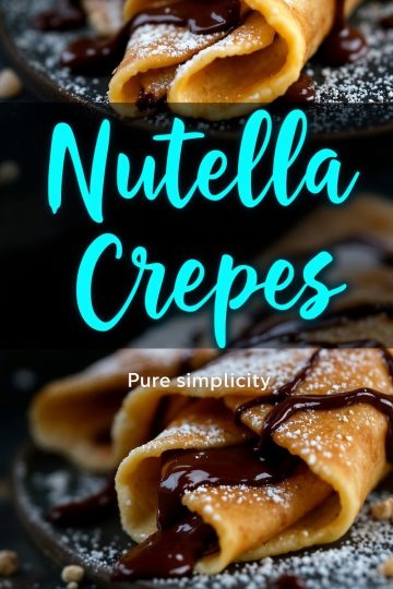 A collage of Nutella crepes. The top half shows rolled crepes dusted with powdered sugar and drizzled with chocolate sauce. The bottom half zooms in on the crepes, highlighting the gooey melted chocolate and golden-brown texture.