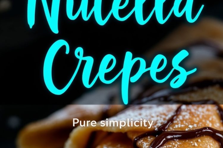 A collage of Nutella crepes. The top half shows rolled crepes dusted with powdered sugar and drizzled with chocolate sauce. The bottom half zooms in on the crepes, highlighting the gooey melted chocolate and golden-brown texture.