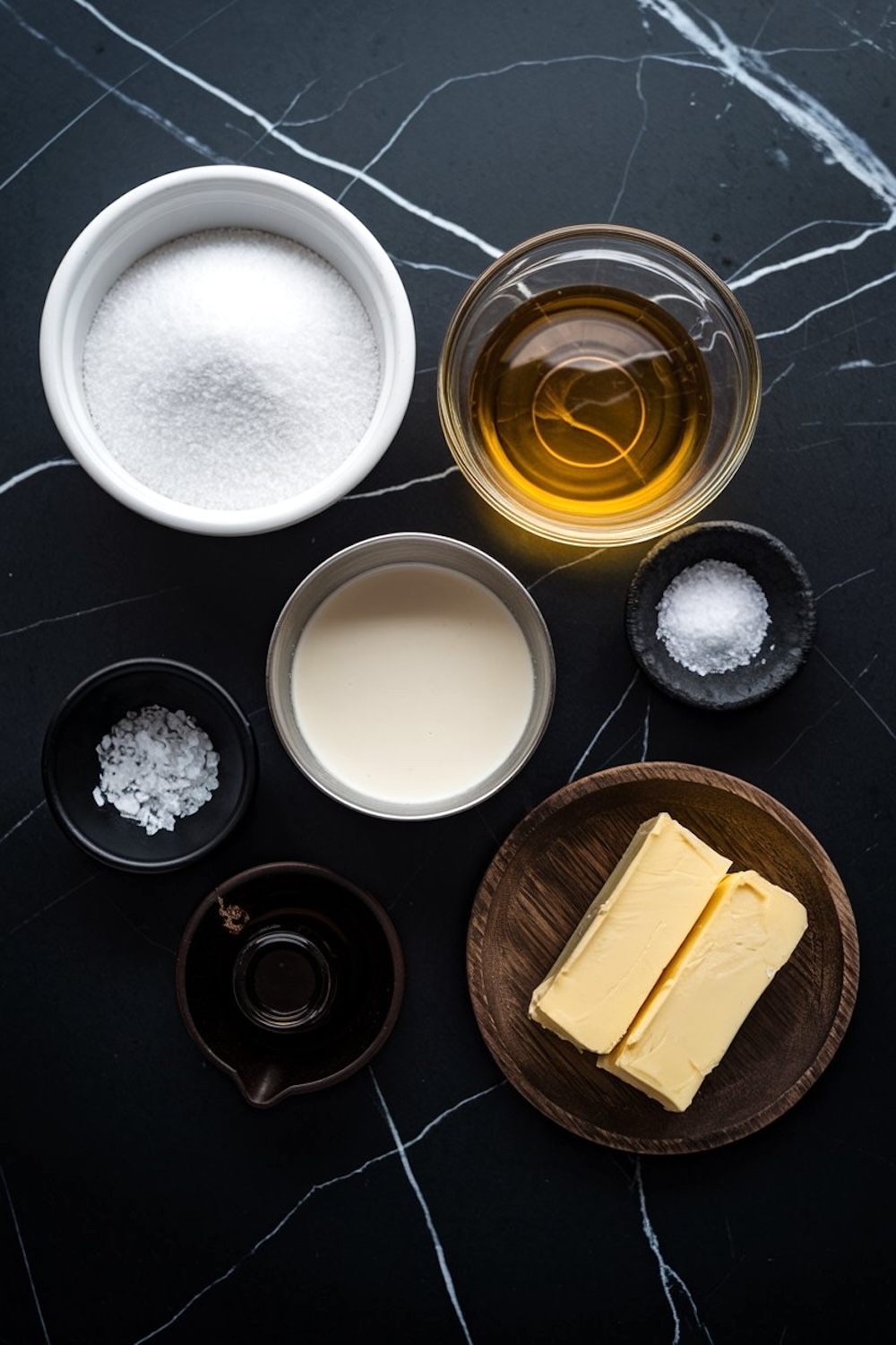  Ingredients for salted caramels arranged on a black marble countertop, including sugar, heavy cream, butter, honey, vanilla extract, and sea salt in bowls.