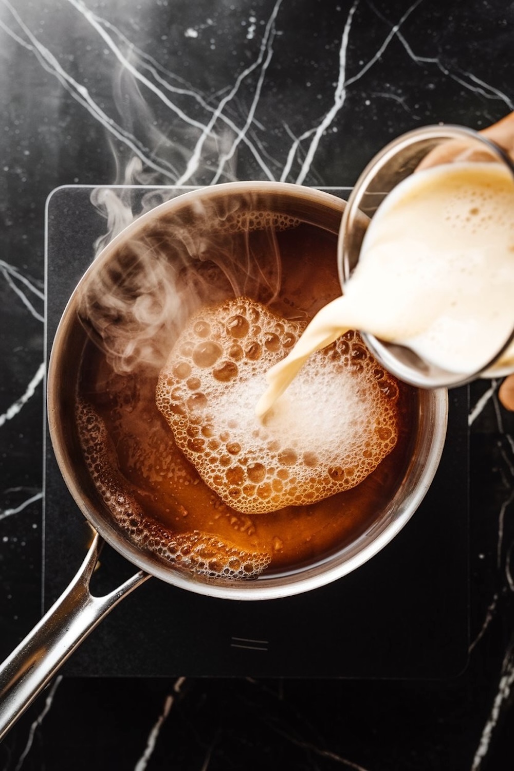 Heavy cream being poured into a saucepan of bubbling caramel, creating steam, set against a black marble surface.