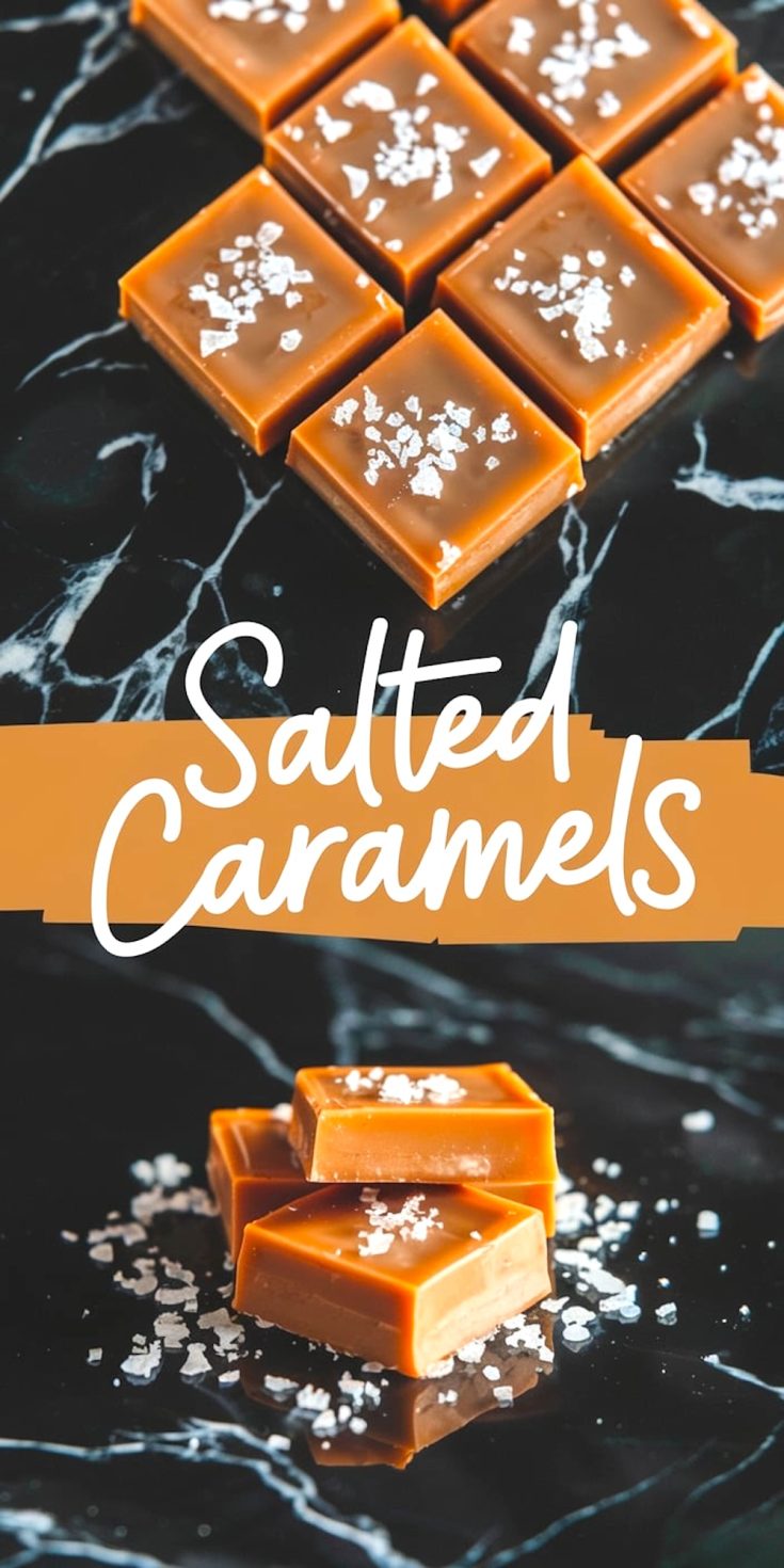 A stack of salted caramel squares topped with sea salt flakes, surrounded by scattered salt on a glossy black marble surface. Text overlay reads “Salted Caramels.”