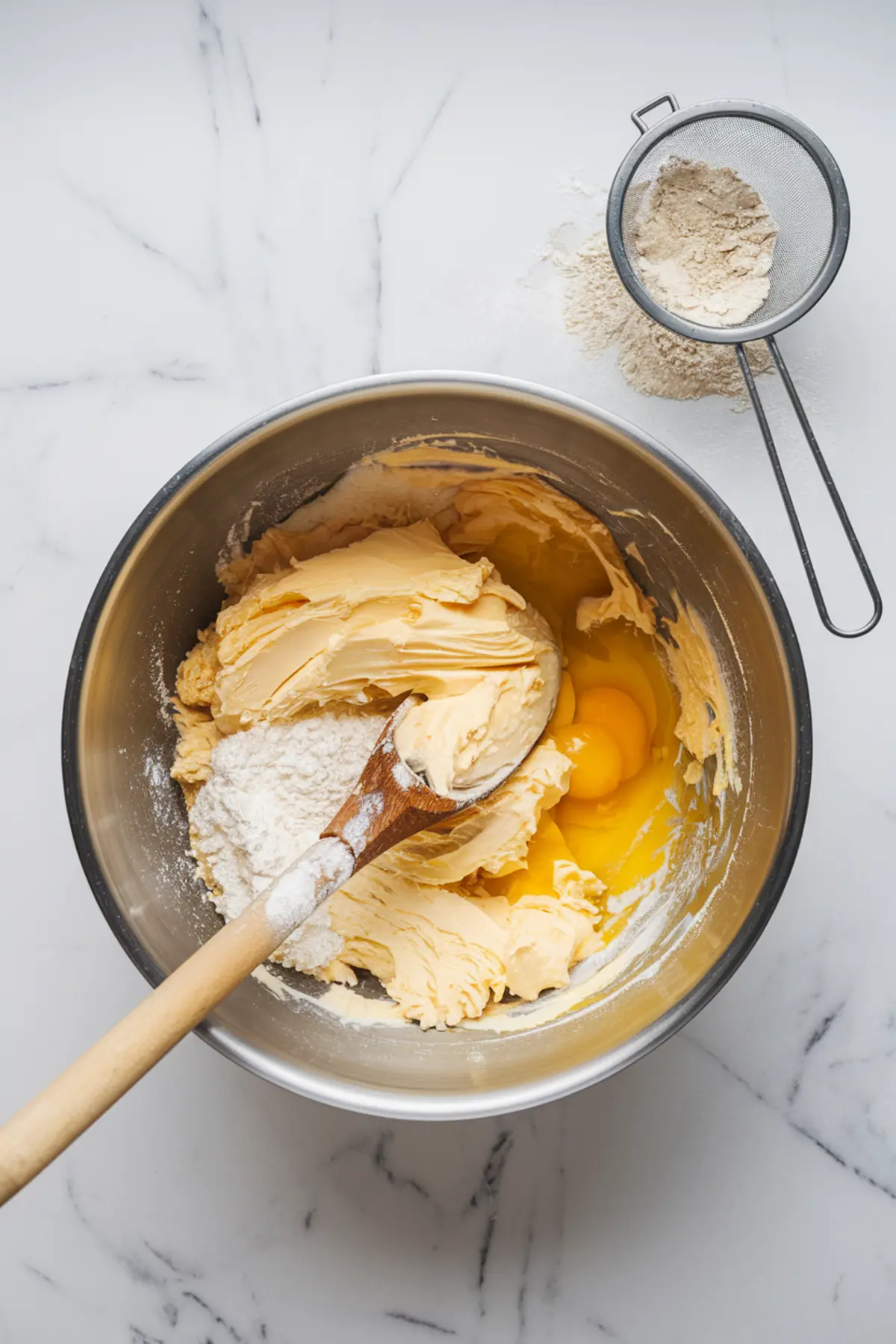 A stainless steel mixing bowl with butter, sugar, flour, and cracked eggs being mixed with a wooden spoon. A sifter with spilled flour sits beside it on a white marble surface.