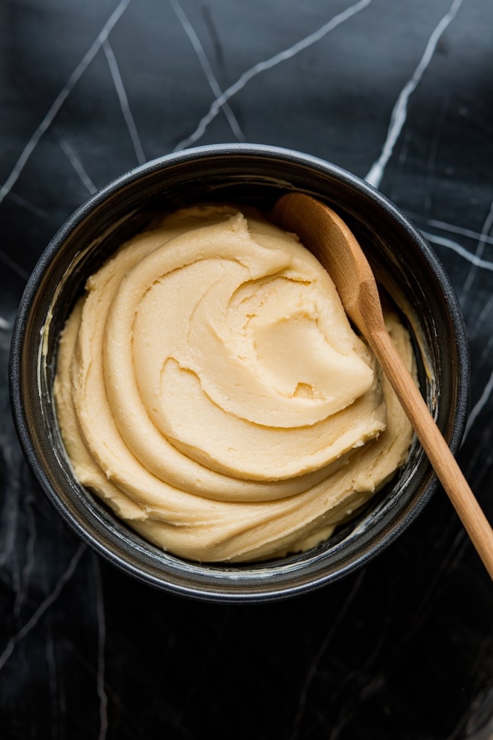 A bowl of creamy cookie dough with a wooden spoon, captured on a black marble countertop, showcasing the smooth and rich texture of the batter.