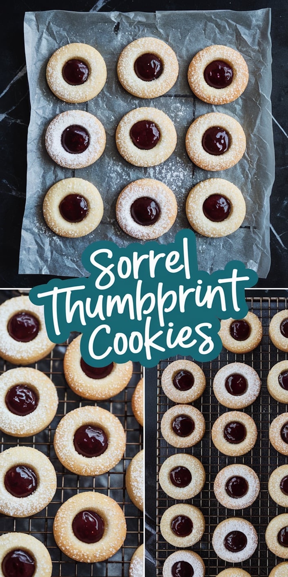 A collage showcasing sorrel thumbprint cookies on parchment paper, cooling racks, and close-up views of the jam-filled centers, with bold text “Sorrel Thumbprint Cookies” in teal over a brushstroke background.