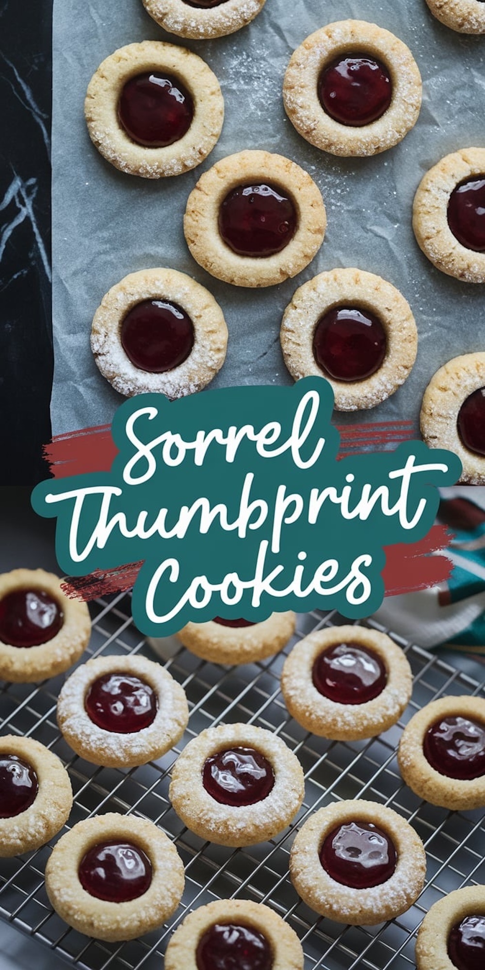 A vertical collage showing sorrel thumbprint cookies dusted with powdered sugar, arranged on parchment paper and cooling racks, with the text “Sorrel Thumbprint Cookies” in teal over a textured brushstroke.