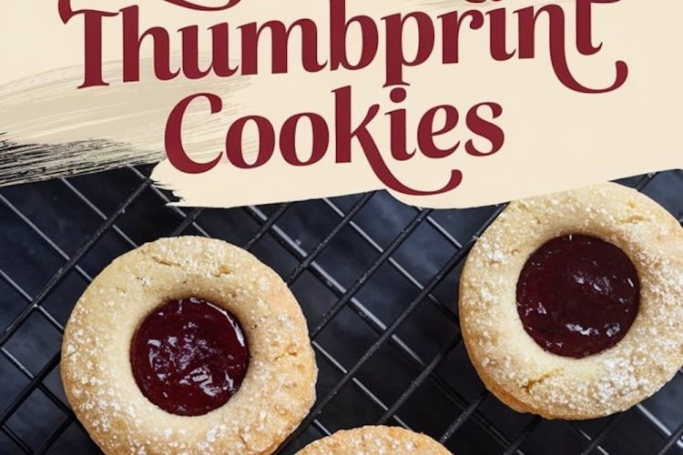 A plate of sorrel thumbprint cookies with jam-filled centers and powdered sugar on top, positioned under the bold text “Sorrel Thumbprint Cookies” in maroon over a cream brushstroke background, with additional cookies on a cooling rack in the background.