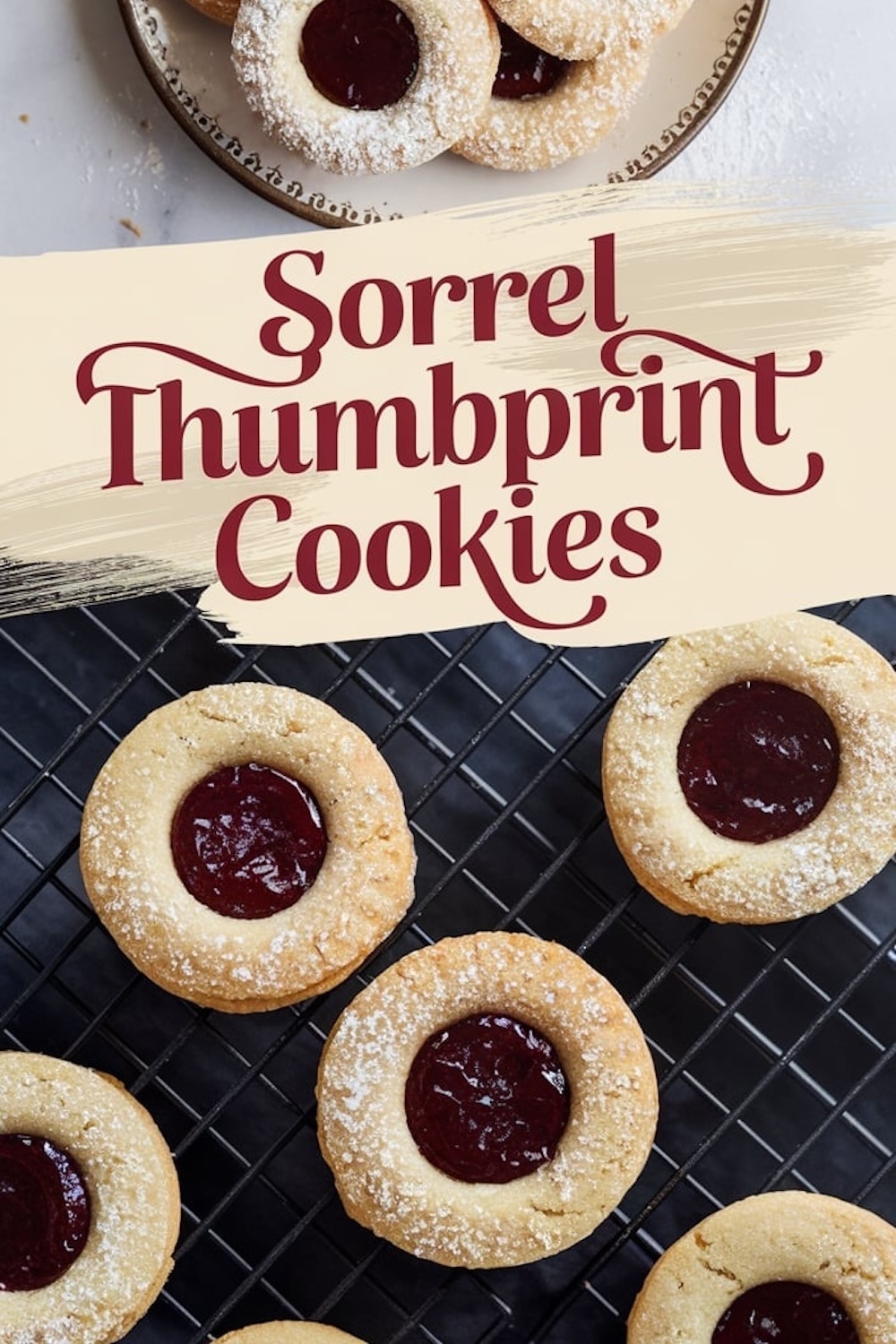A plate of sorrel thumbprint cookies with jam-filled centers and powdered sugar on top, positioned under the bold text “Sorrel Thumbprint Cookies” in maroon over a cream brushstroke background, with additional cookies on a cooling rack in the background.