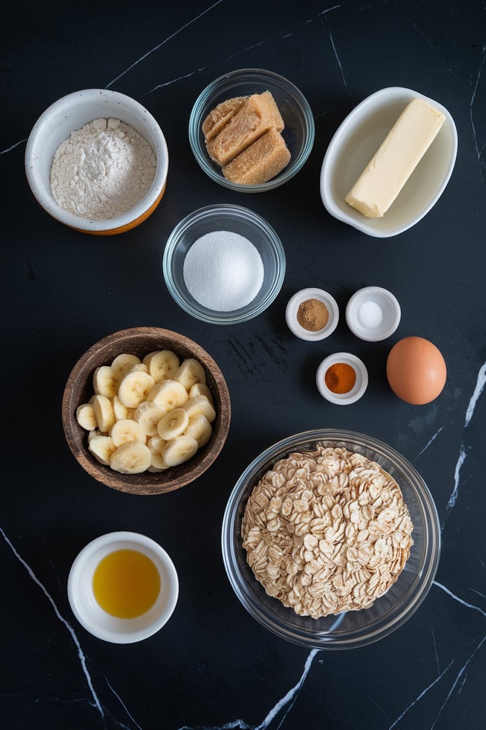 A flat-lay view of ingredients for spiced banana oatmeal cookies. Items include sliced bananas, rolled oats, flour, butter, sugar, brown sugar, an egg, vanilla extract, cinnamon, nutmeg, and salt, arranged on a black marble background.