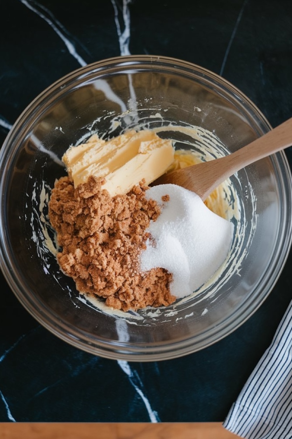 A glass bowl containing softened butter, granulated sugar, and brown sugar, ready to be mixed for baking. A wooden spoon is resting inside the bowl on a dark marble surface.